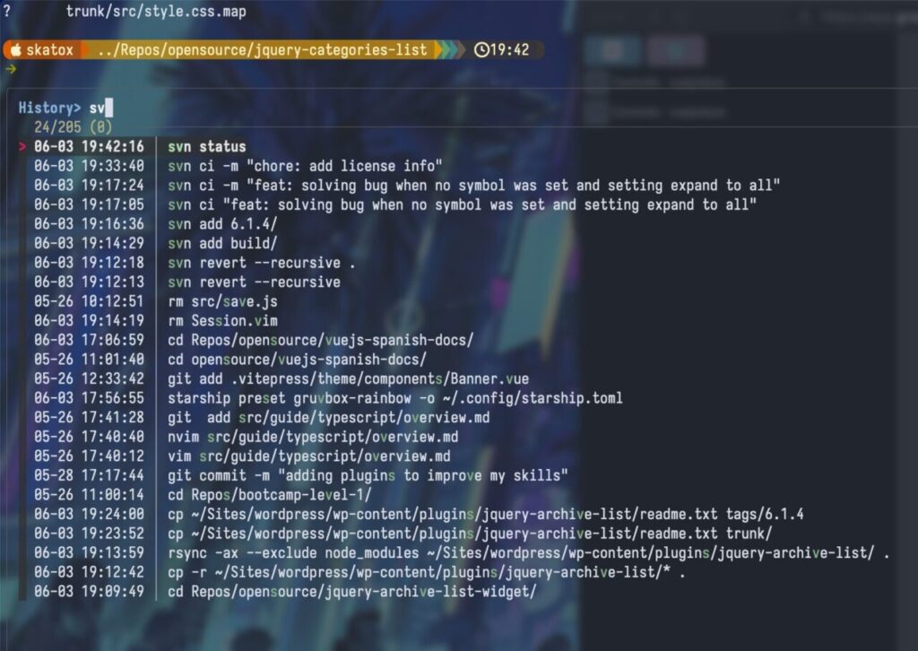 Ejemplo del terminal de Skatox mostrando el historial de comandos SVN